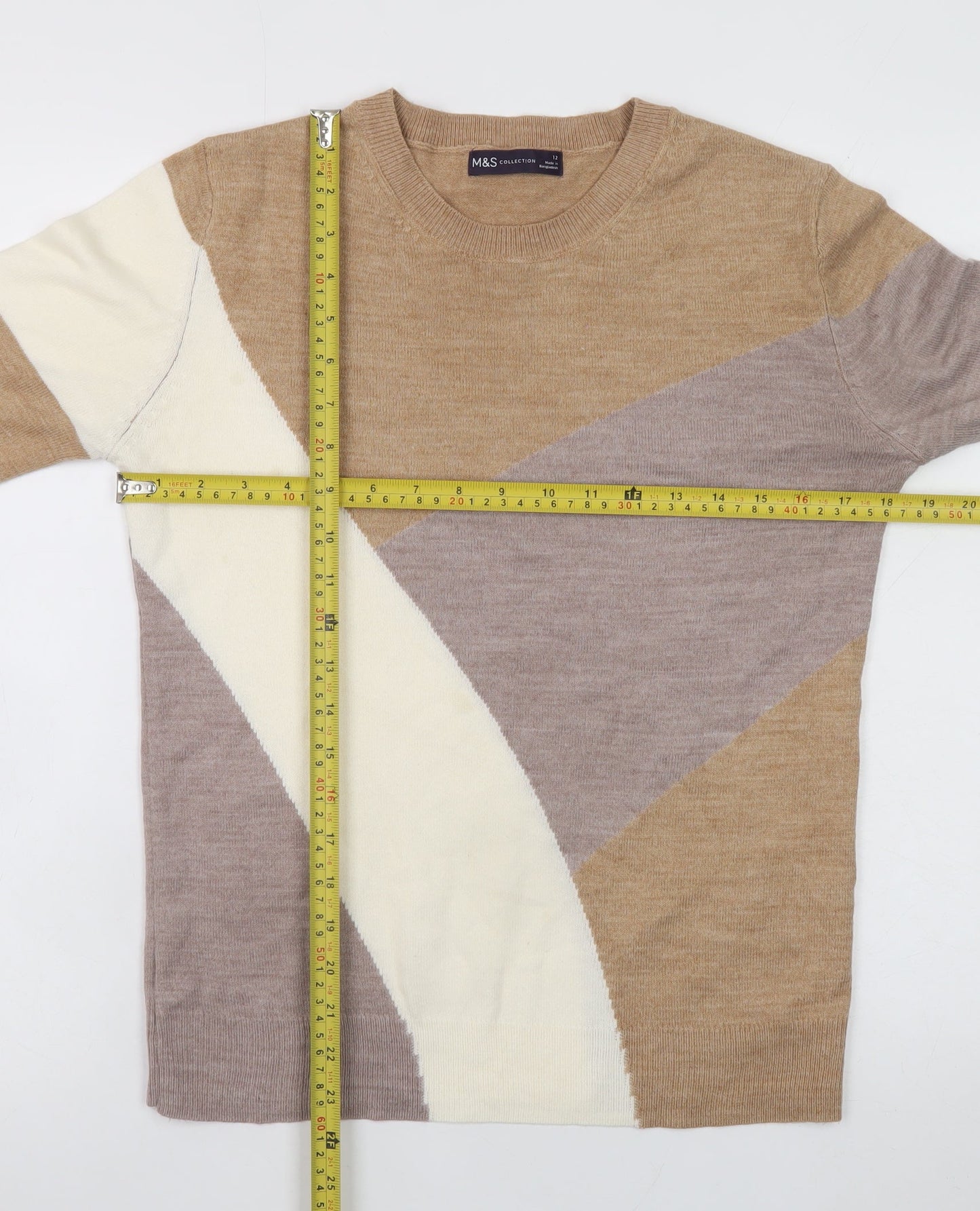 Marks and Spencer Women's Beige Wool Blend Geometric Jumper Size 12