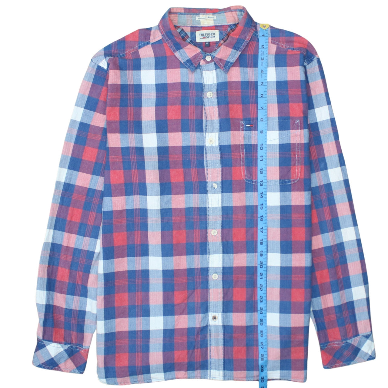 Hilfiger Denim Men's Red Blue Check Button-Up Shirt XL Cotton