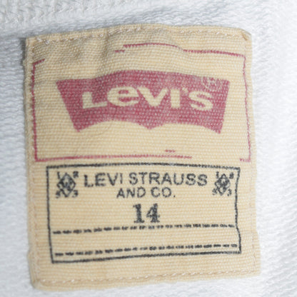 Brand and care label for Levi's boys’ white logo pullover sweatshirt, size 14, years regular fit