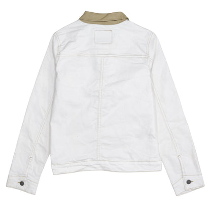 Brand and care label for Levi’s boys’ white cotton basic jacket, size 14, years collared denim style