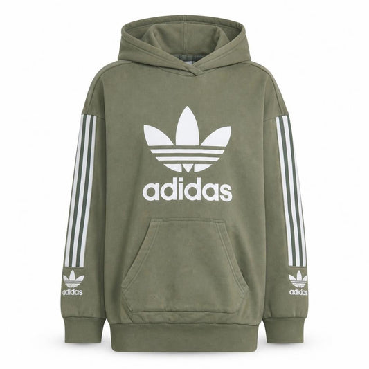 Front view of Adidas women’s green pullover hoodie, size XS, casual sportswear