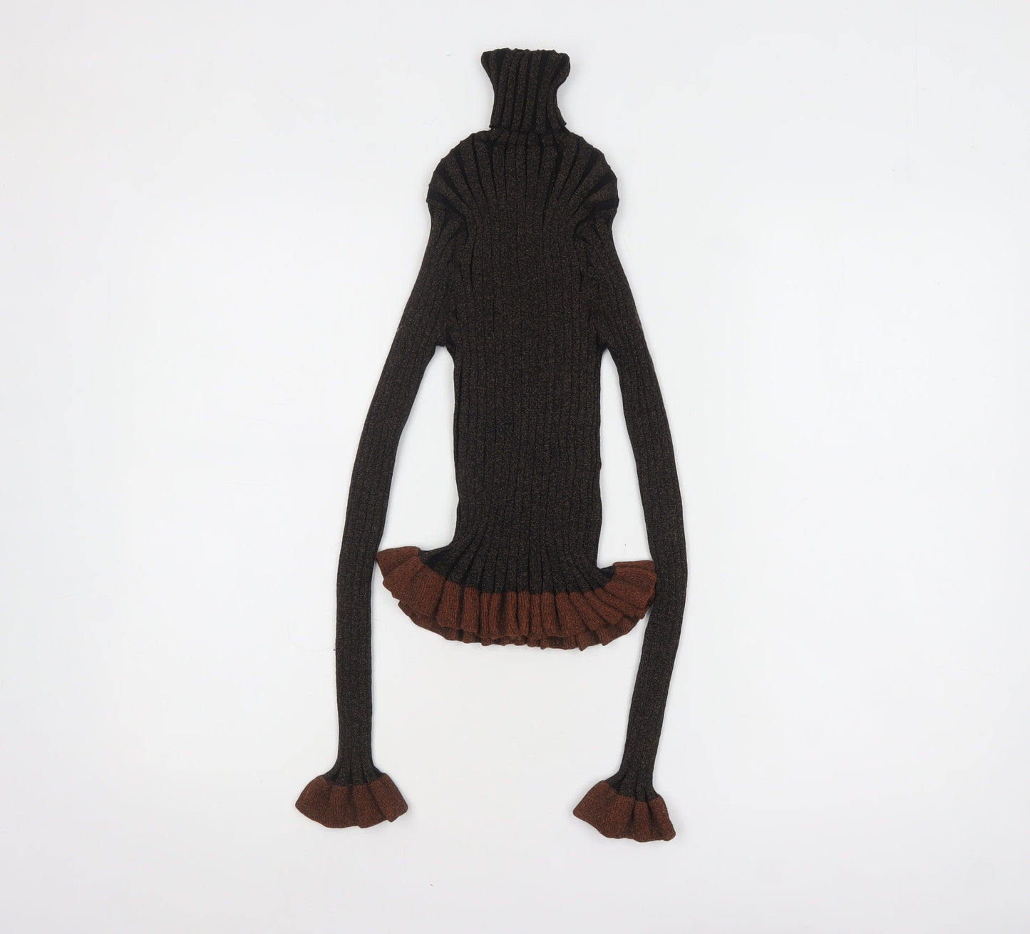 ZARA Women’s Brown Roll Neck Ribbed Ruffle Knit Jumper Size S