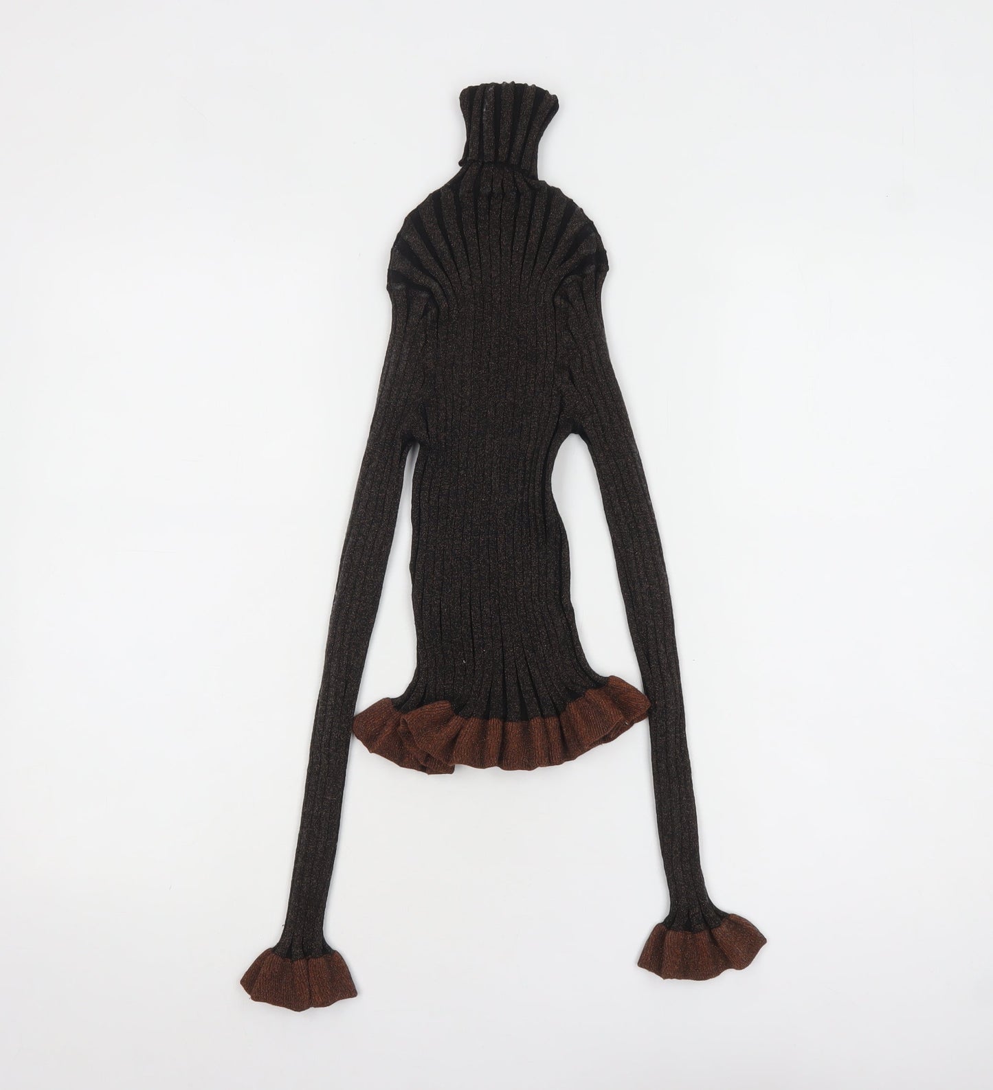 ZARA Women’s Brown Roll Neck Ribbed Ruffle Knit Jumper Size S