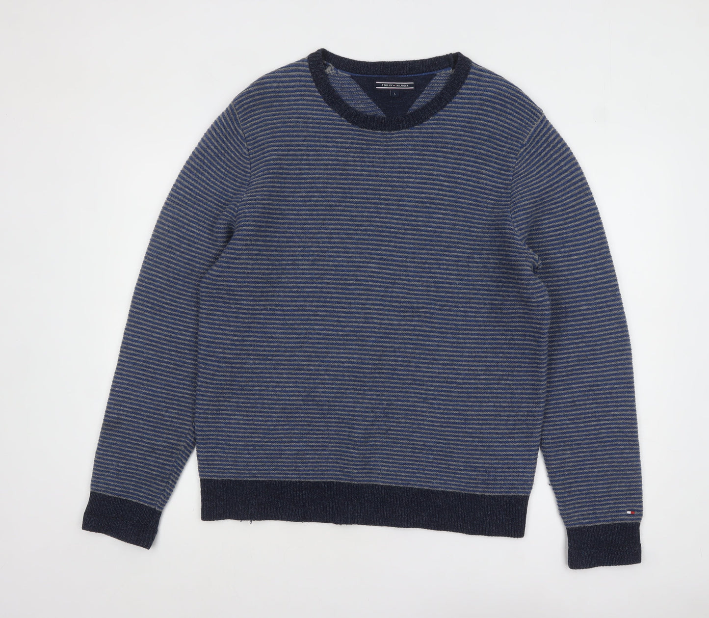 Tommy Hilfiger Men’s Blue Striped Wool Blend Crew Neck Jumper L