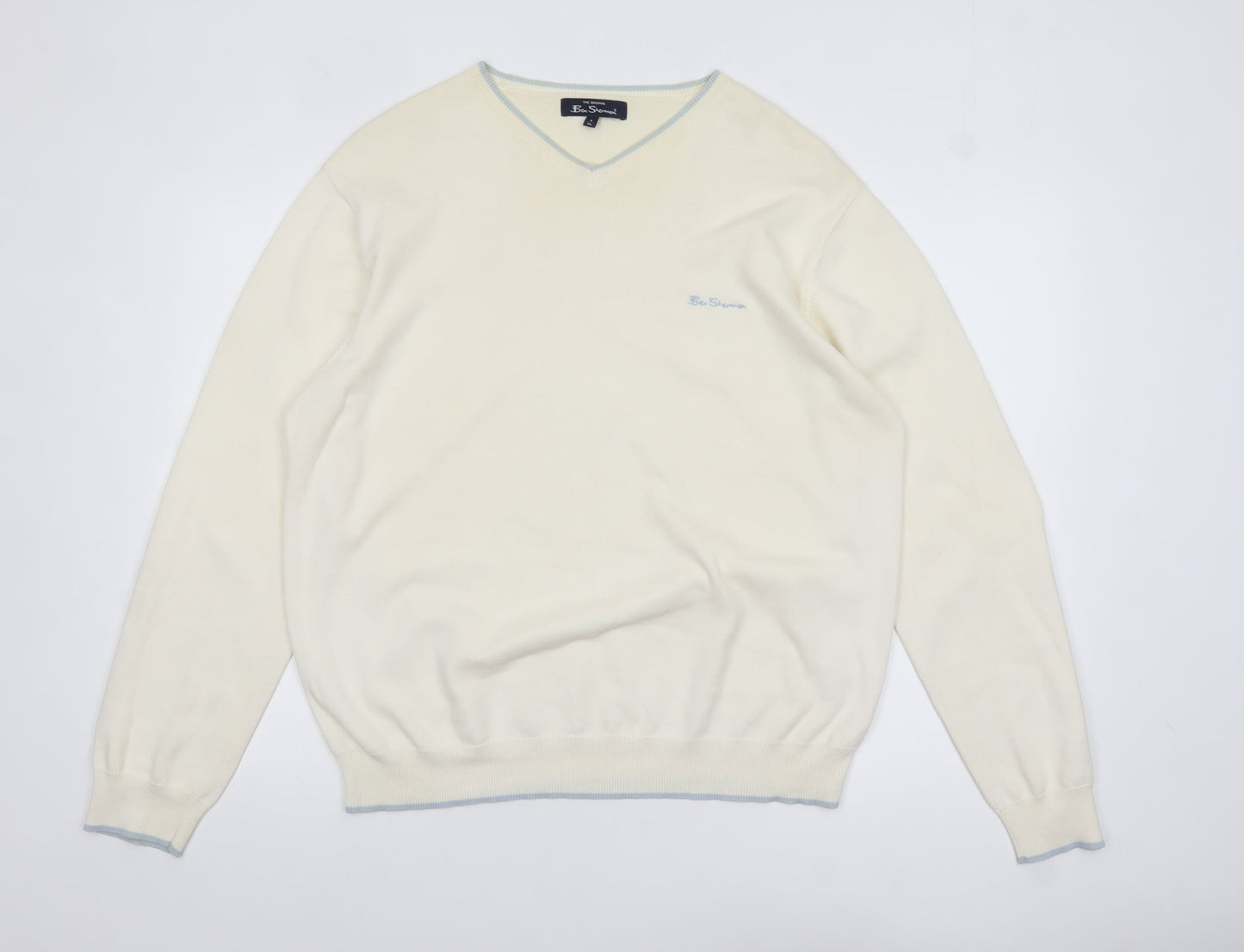 Ben Sherman Men's Ivory Cotton V-Neck Jumper XL Classic Knit