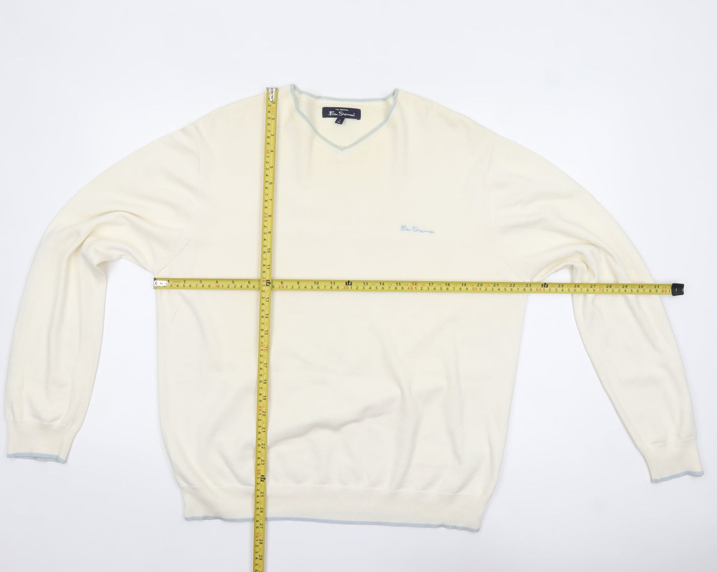 Ben Sherman Men's Ivory Cotton V-Neck Jumper XL Classic Knit