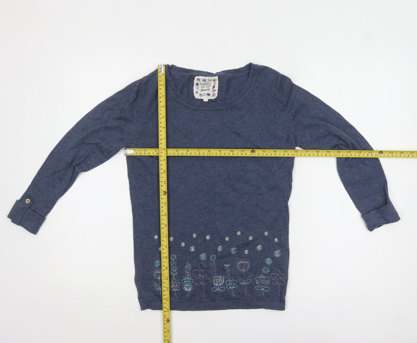 Mantaray Women's Blue Cotton Embroidered Pullover Jumper Size 10