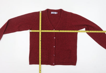 Back view of Honor Millburn Women's Red Acrylic Button Cardigan, size S, 10-12