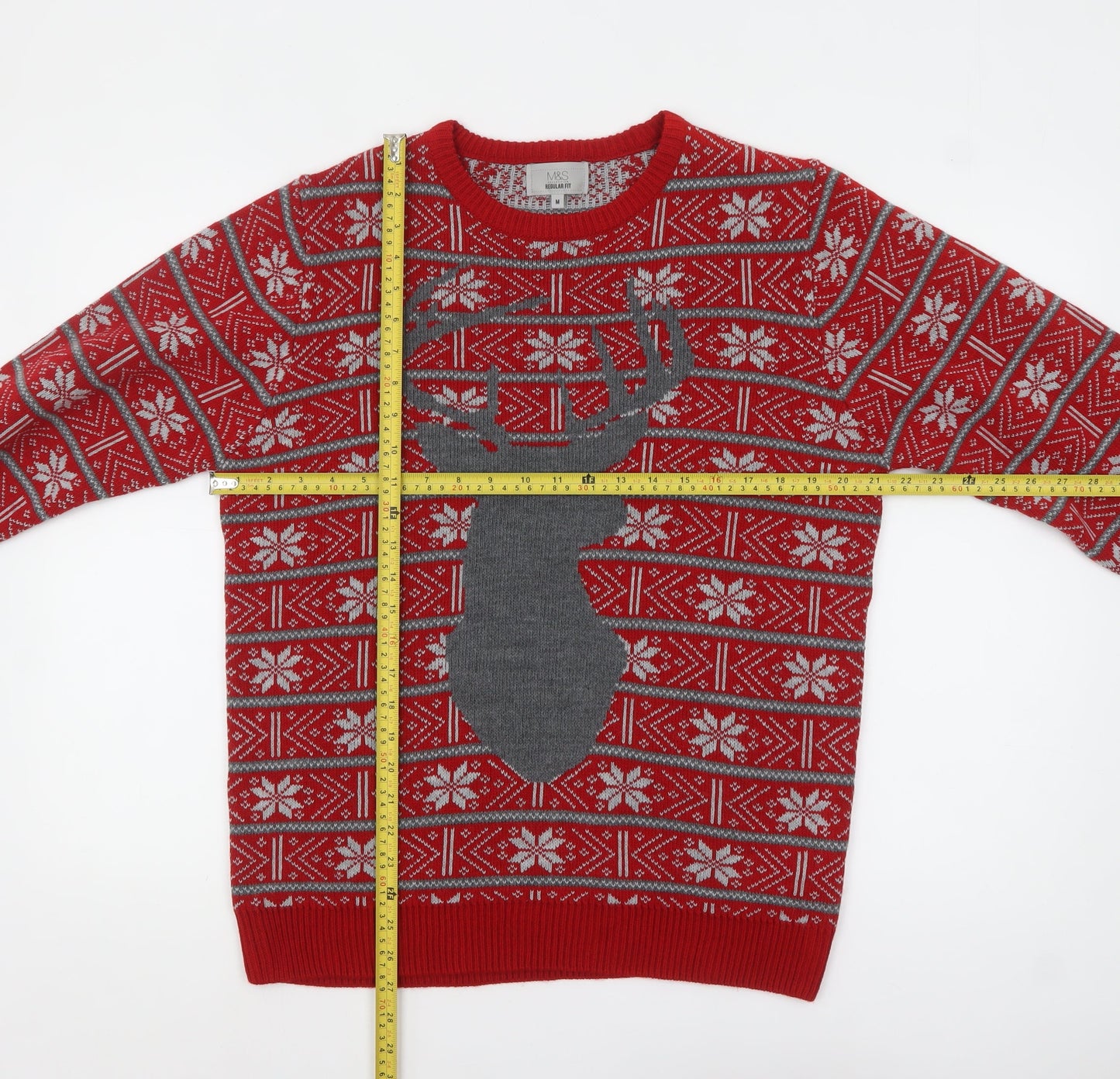 Marks and Spencer Men's Red Fair Isle Reindeer Christmas Jumper M