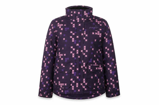 Front view of Crivit girls’ purple geometric waterproof ski jacket 12-14 years