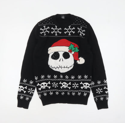 Preloved Primark Men's Black Christmas Skull Pullover Jumper Size S - Front