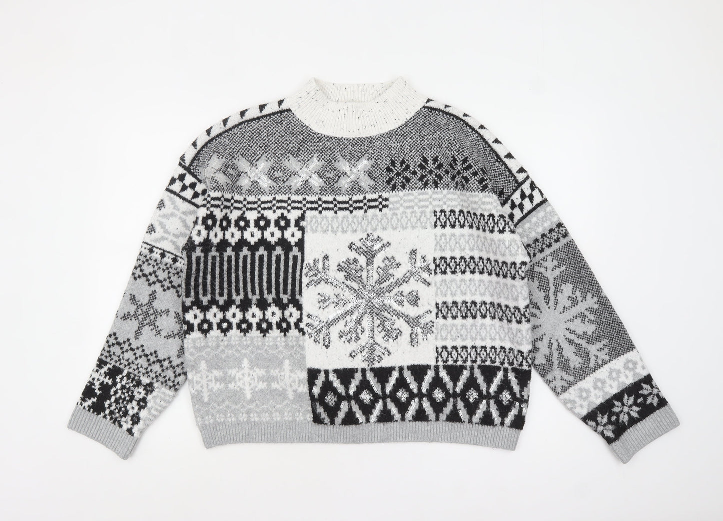Next Women Grey Fair Isle Mock Neck Chunky Knit Jumper Size 14