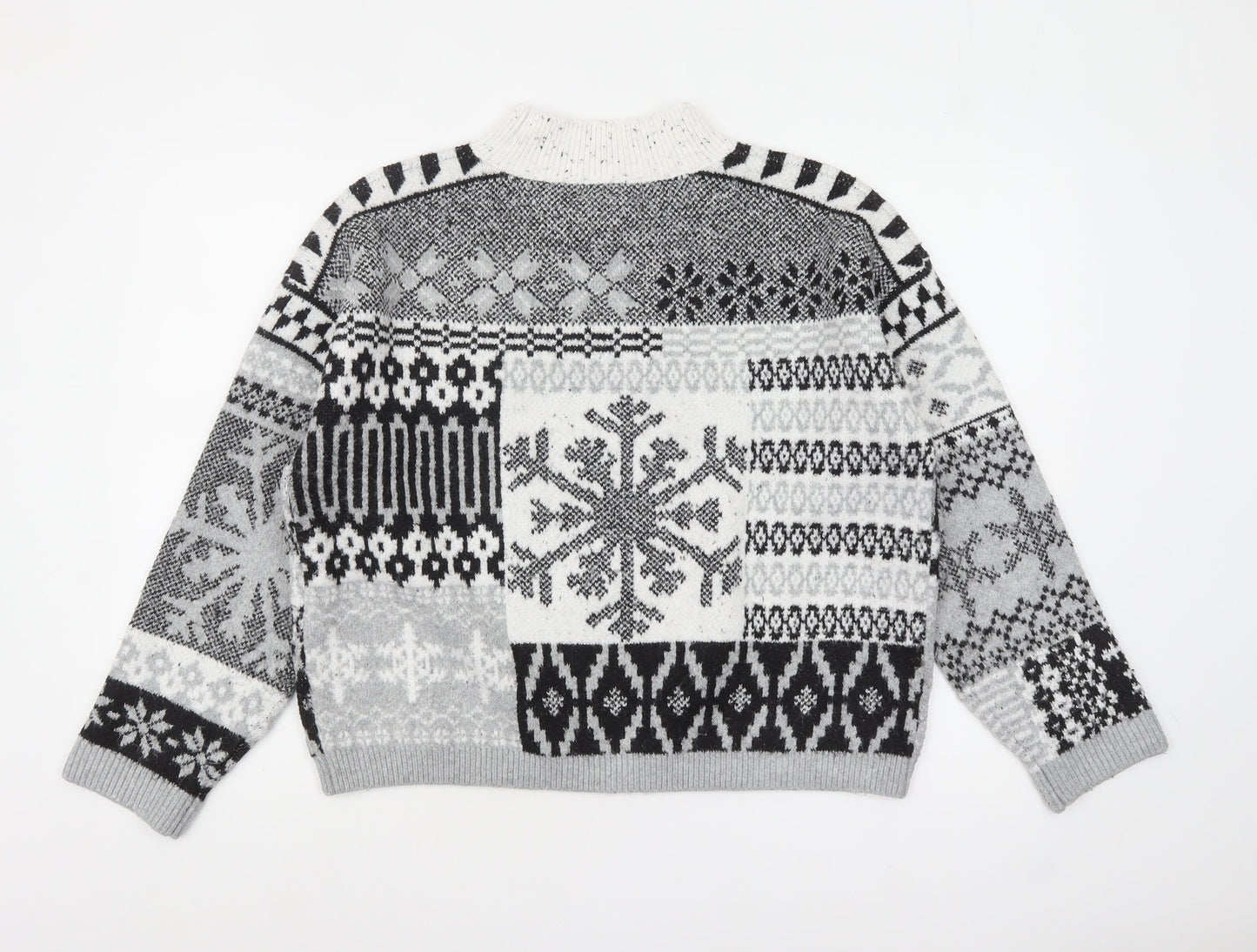 Next Women Grey Fair Isle Mock Neck Chunky Knit Jumper Size 14