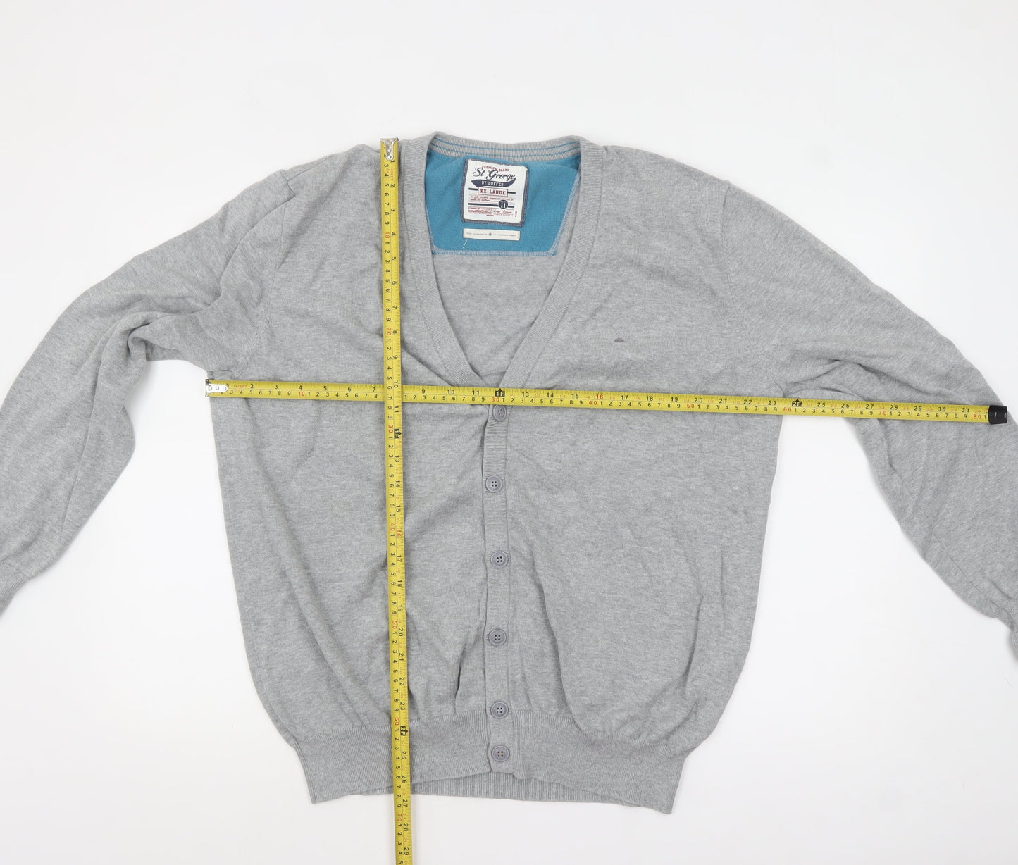St George by Duffer Men's Grey 2XL Cotton V-Neck Button Cardigan