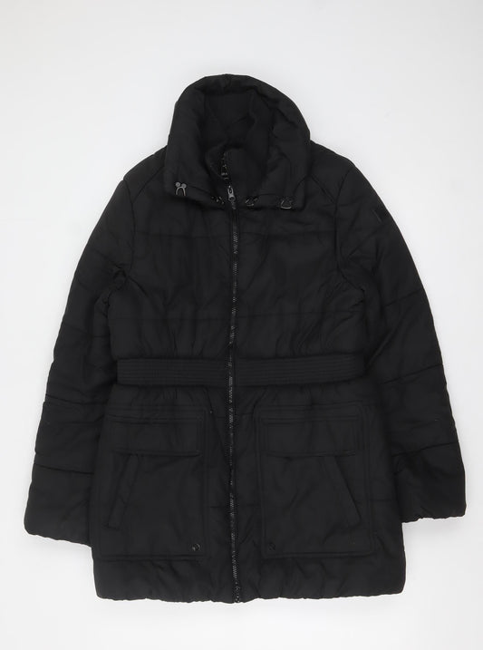 Brave Soul Women's Black Size 14 Puffer Jacket Belted Mid-Length Winter Coat