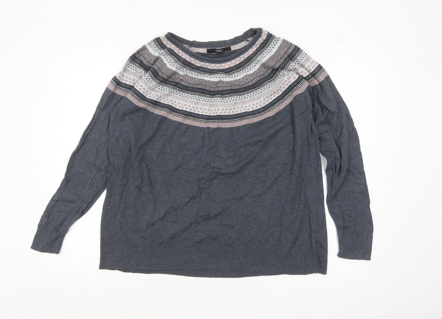 Next Women’s Grey Fair Isle Knit Jumper Size 20 Long Sleeve Crew Neck
