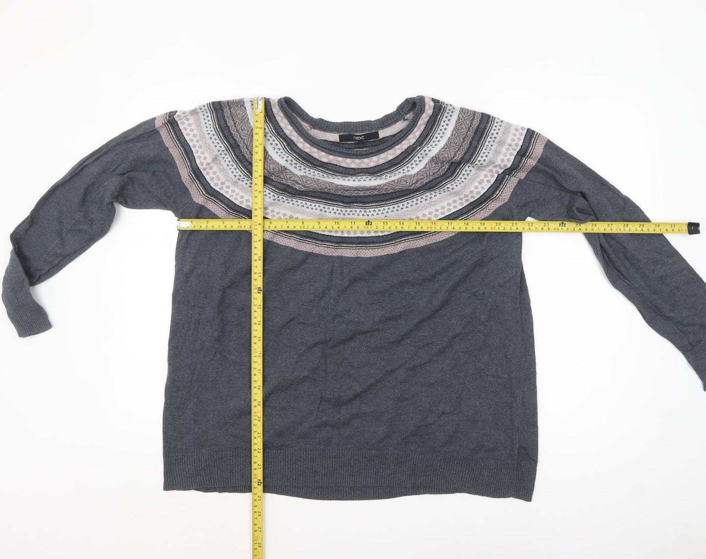 Next Women’s Grey Fair Isle Knit Jumper Size 20 Long Sleeve Crew Neck