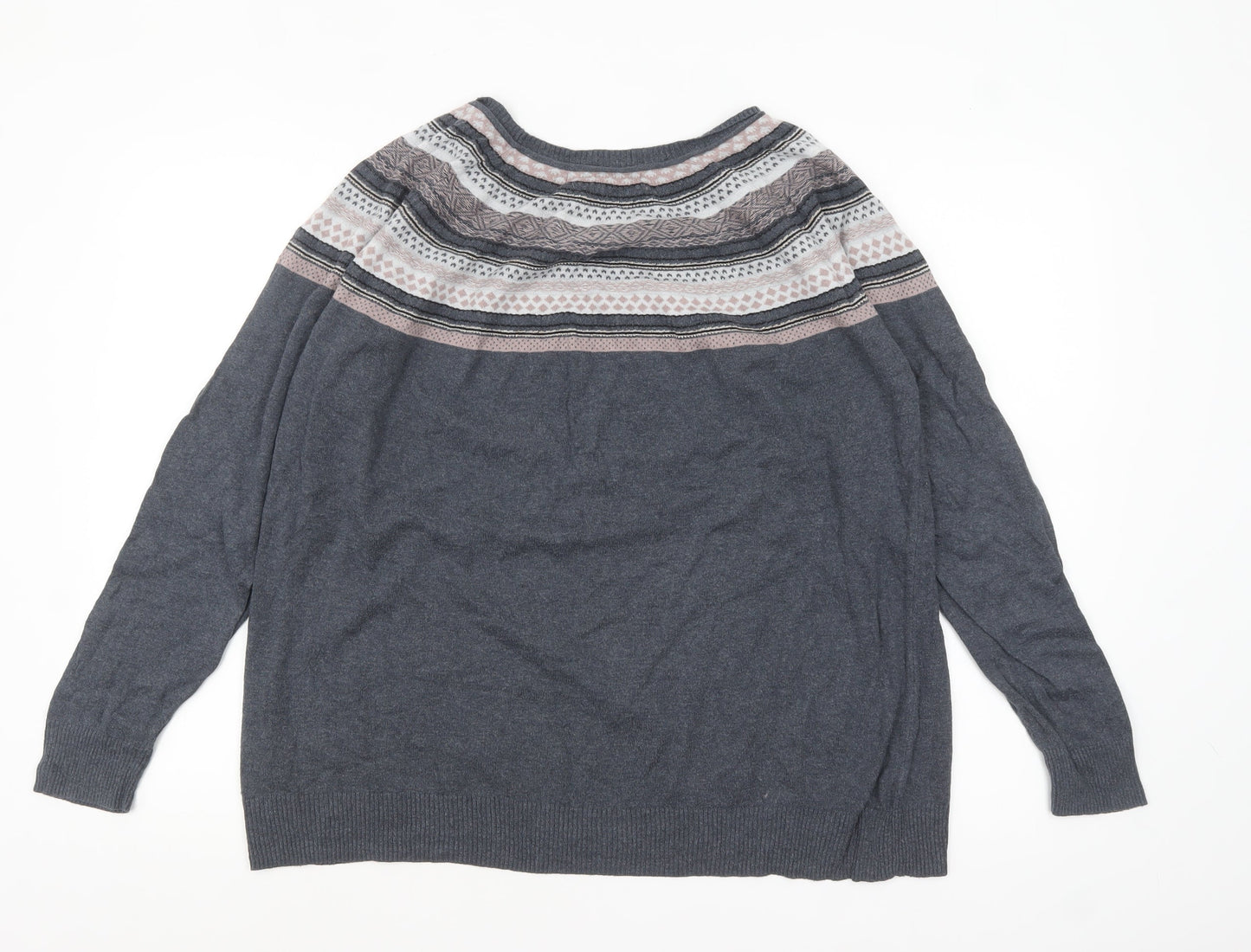 Next Women’s Grey Fair Isle Knit Jumper Size 20 Long Sleeve Crew Neck