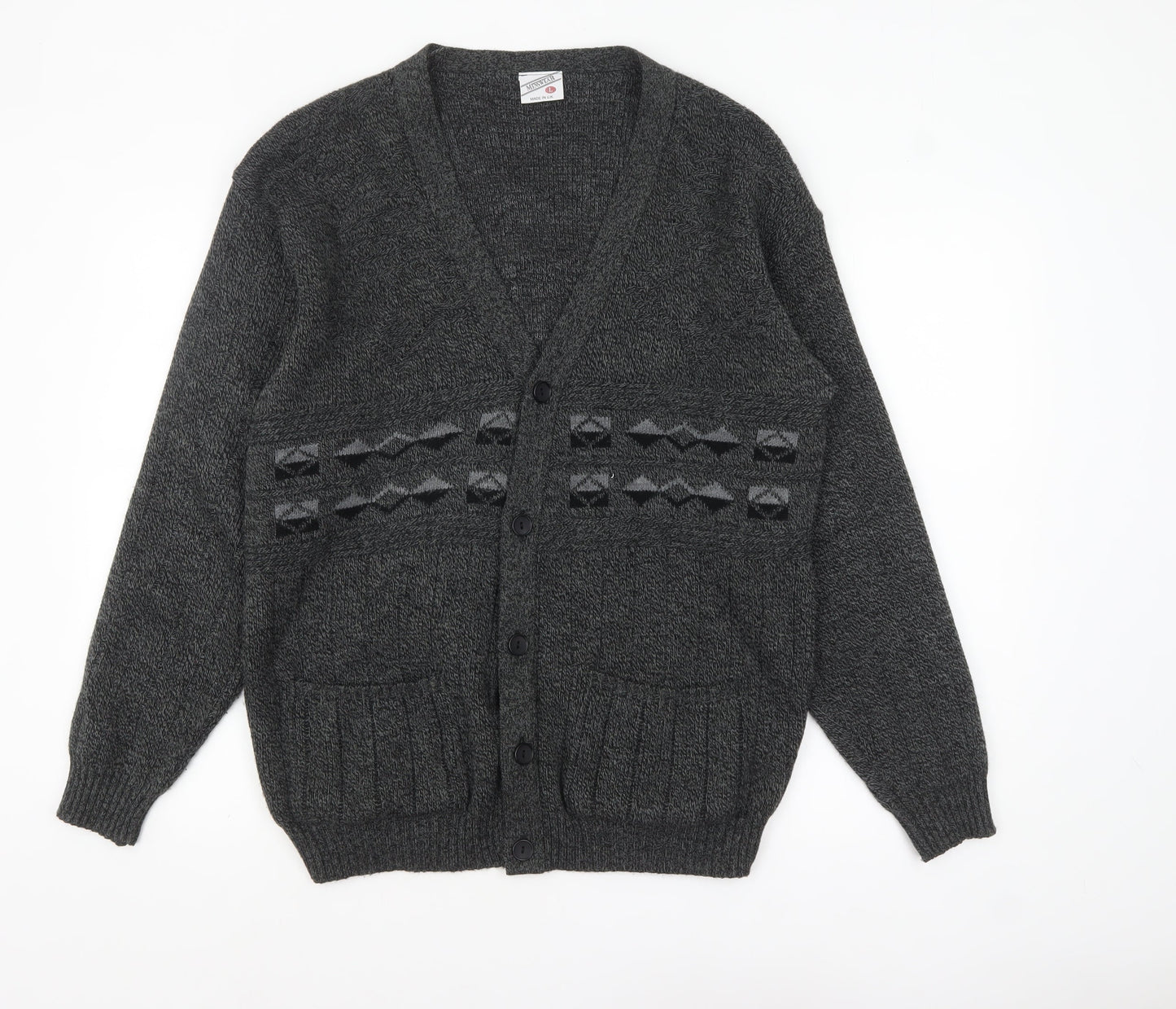 Menswear Men's Grey L Chunky Knit Geometric Button Cardigan