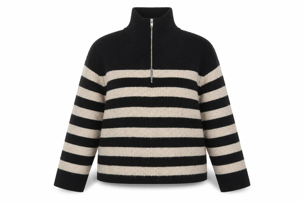 New Look Women’s Black Beige Striped High Neck Half Zip Jumper Size 18