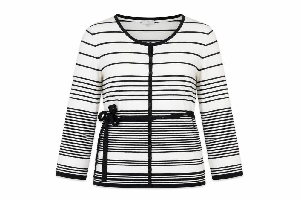 Country Casuals Women White Black Striped Cardigan XL Round Neck Long Sleeve