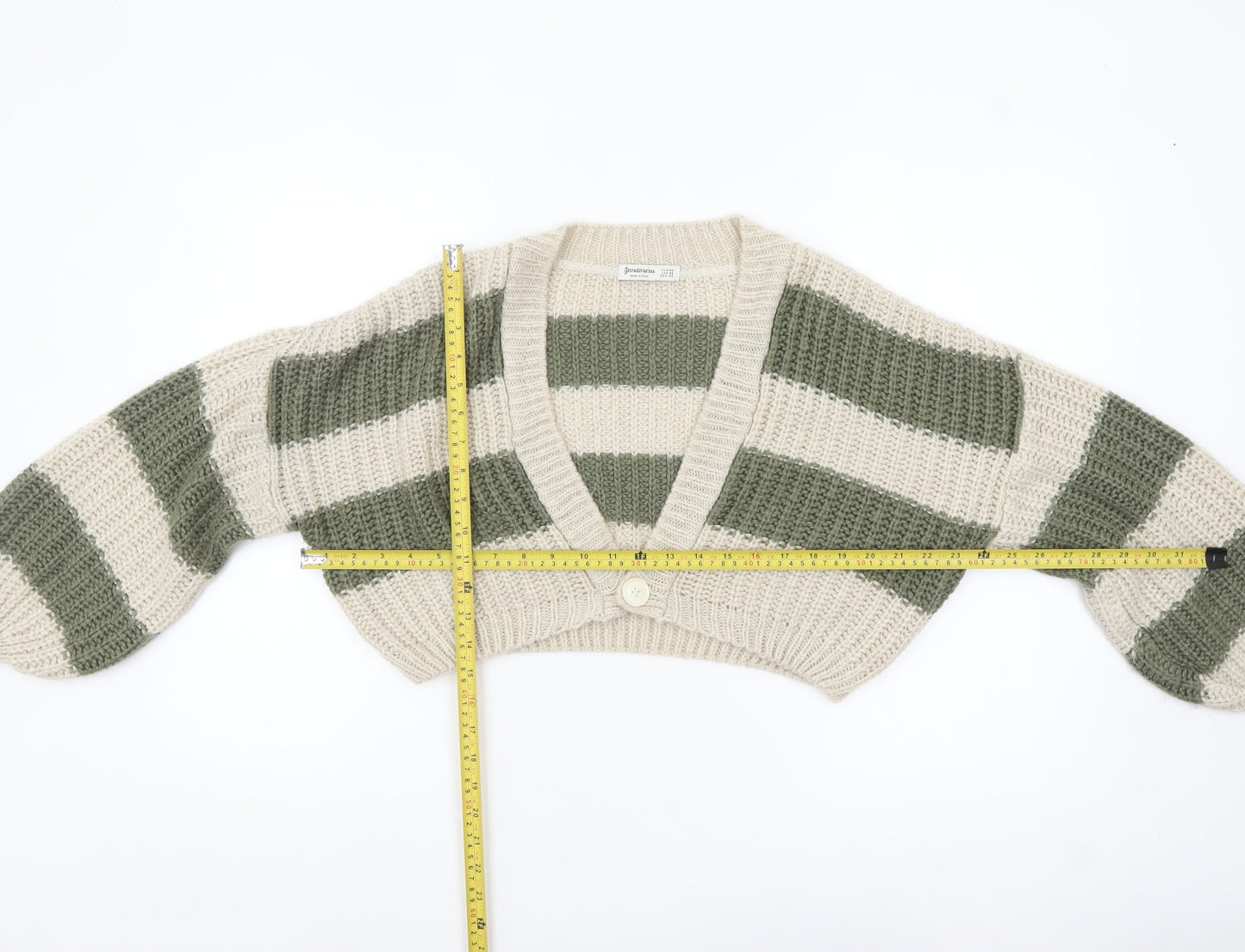 Stradivarius Women Beige Green Striped Chunky Knit Cropped Cardigan XS