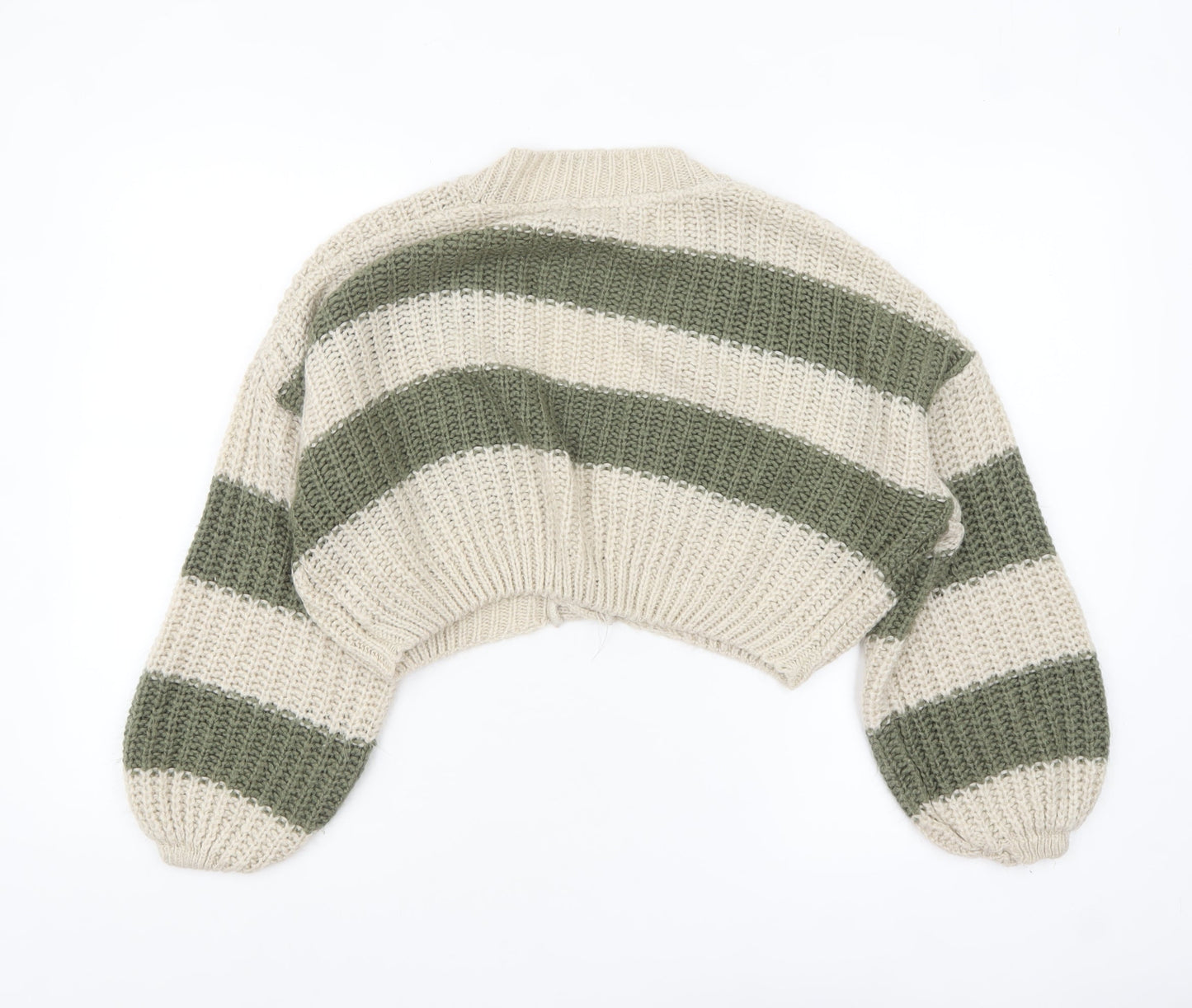 Stradivarius Women Beige Green Striped Chunky Knit Cropped Cardigan XS