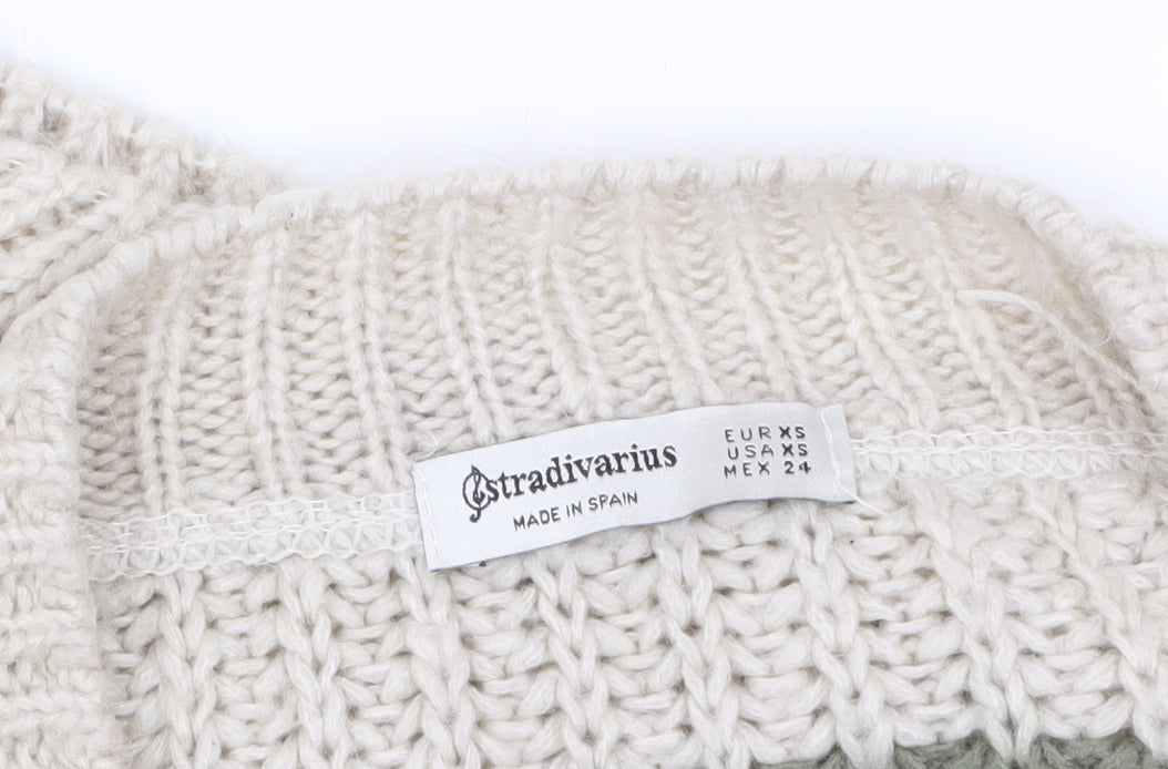 Stradivarius Women Beige Green Striped Chunky Knit Cropped Cardigan XS