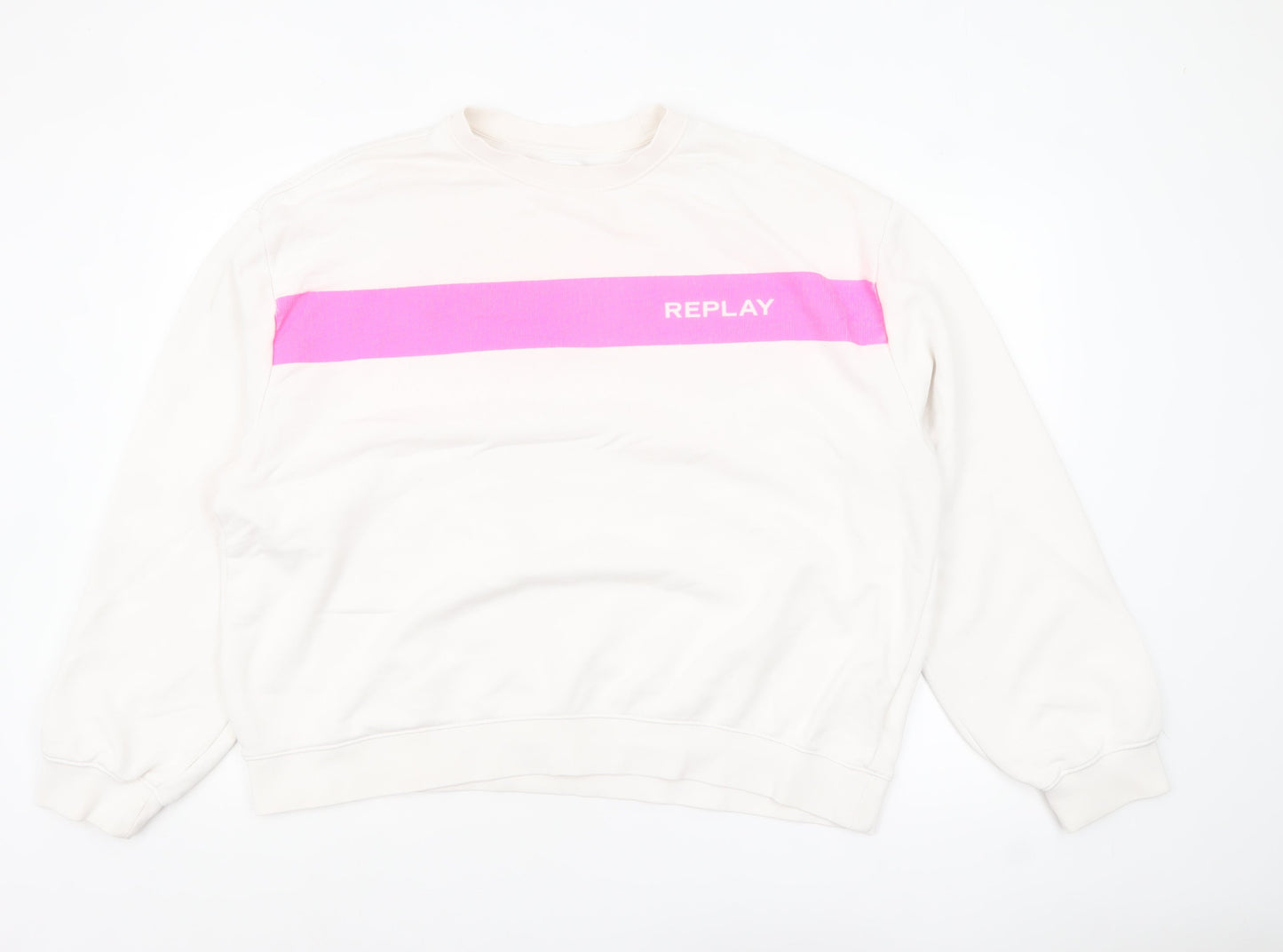 Replay Womens Beige Pink Logo Crew Neck Sweatshirt Size 3XL