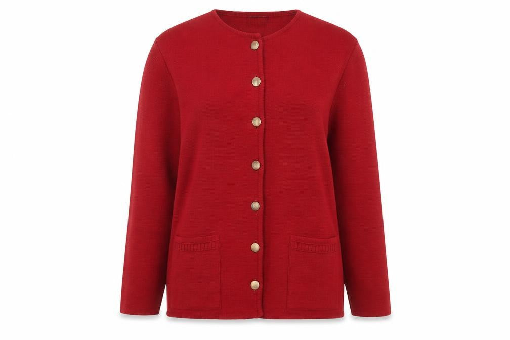 Canda Womens Red Cardigan L Wool Blend Crew Neck Long Sleeve