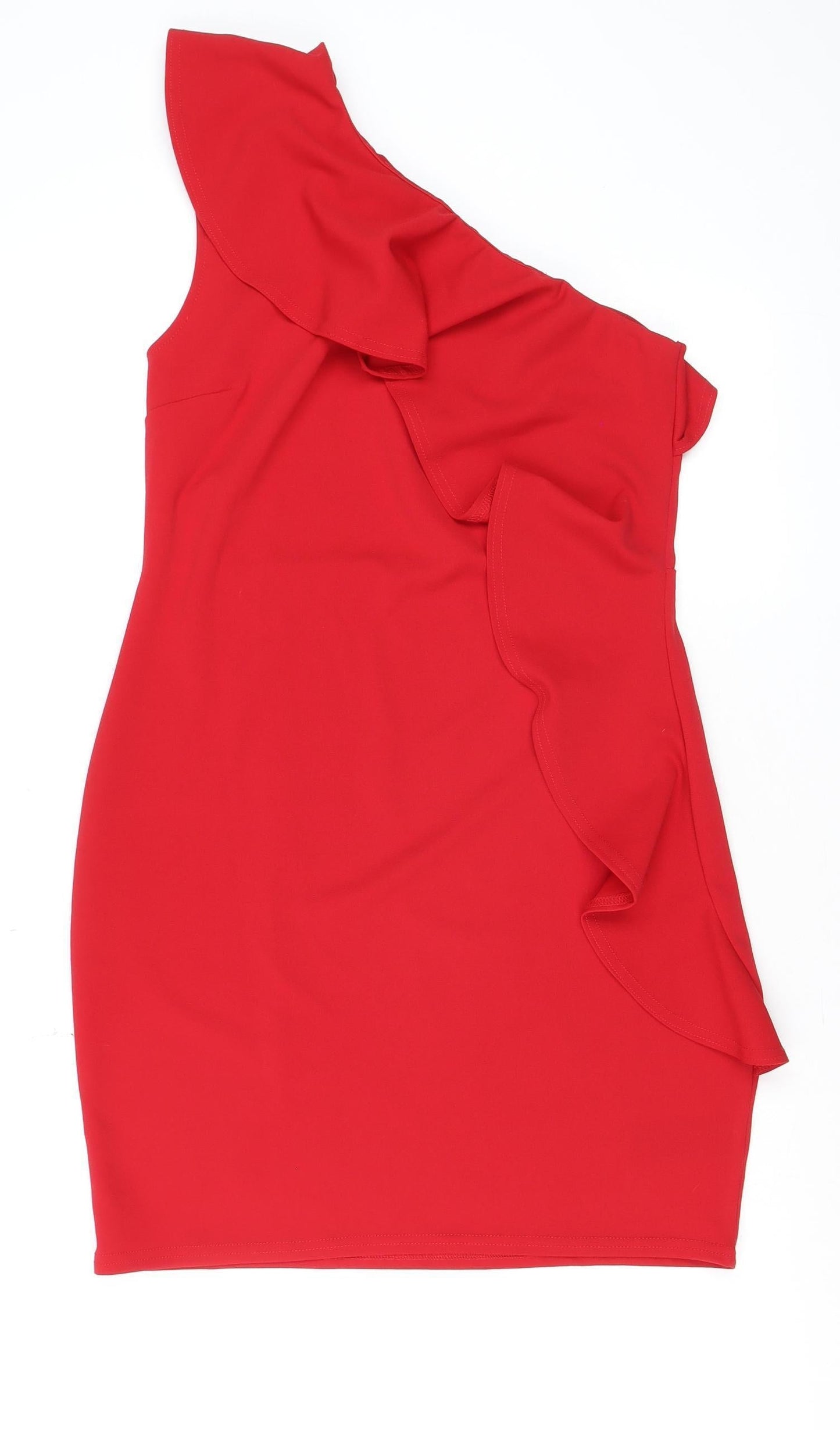 Lipsy Women Red One Shoulder Ruffle Bodycon Dress Size 14
