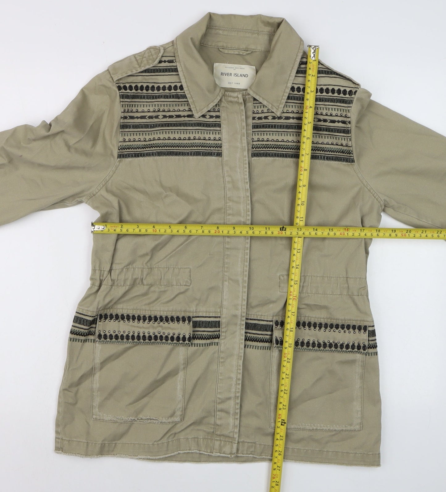 River Island Womens Beige Military Jacket Size 12 Cotton Embroidered