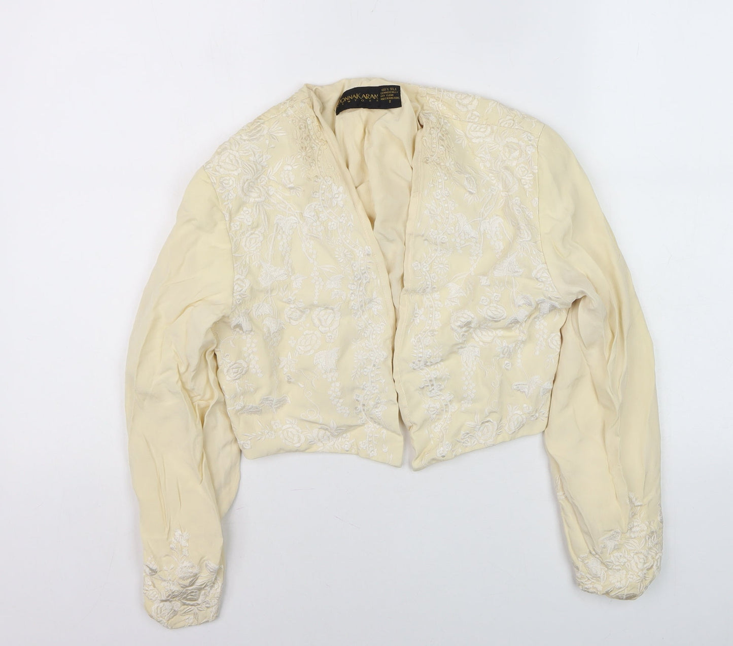 Donna Karan Women’s Ivory Silk Embroidered Cropped Blazer Jacket Size 2