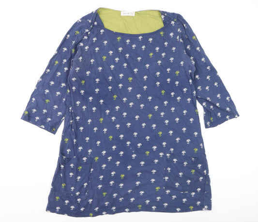 Lily & Me Women's Blue Floral Tunic Blouse Size 12 3/4 Sleeve Cotton