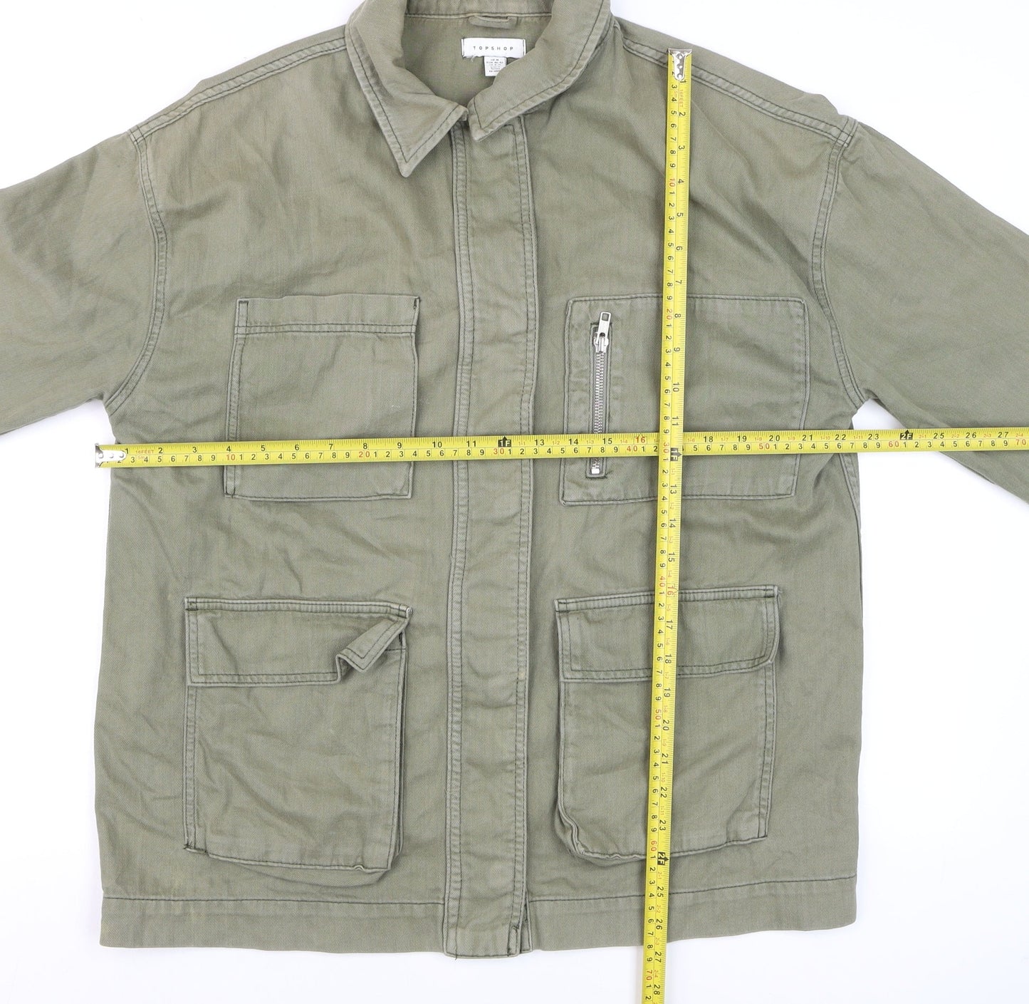 Topshop Men’s Green Military Jacket M 40in Cotton Twill Full Zip Casual