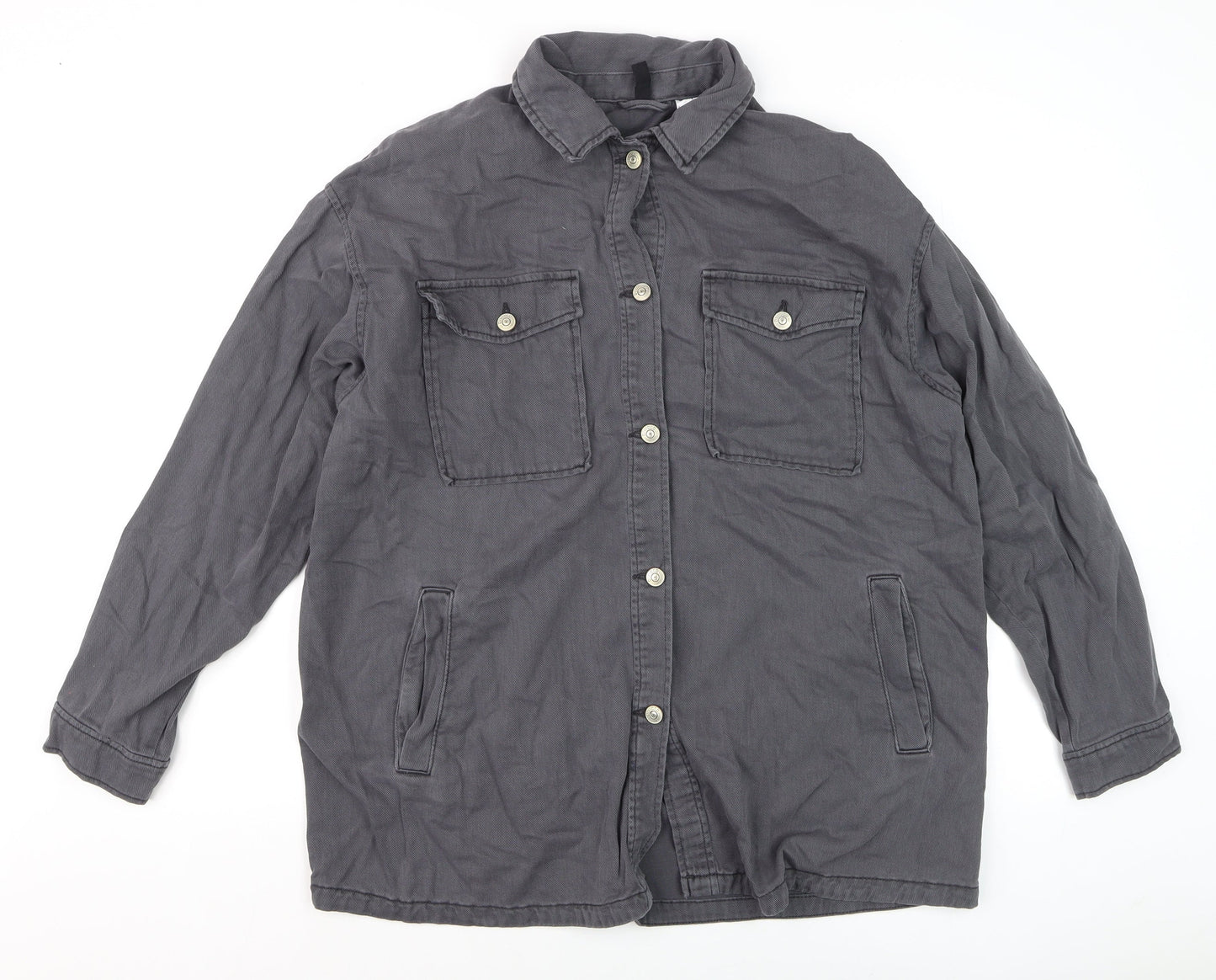 H&M Men’s Grey Cotton Button-Up Shirt Long Sleeve M Regular Fit