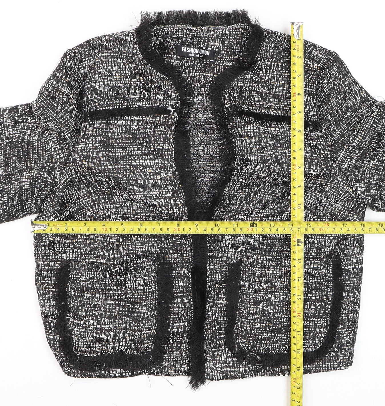 Fashion Union Women's Black Tweed Cropped Blazer Jacket Size 8