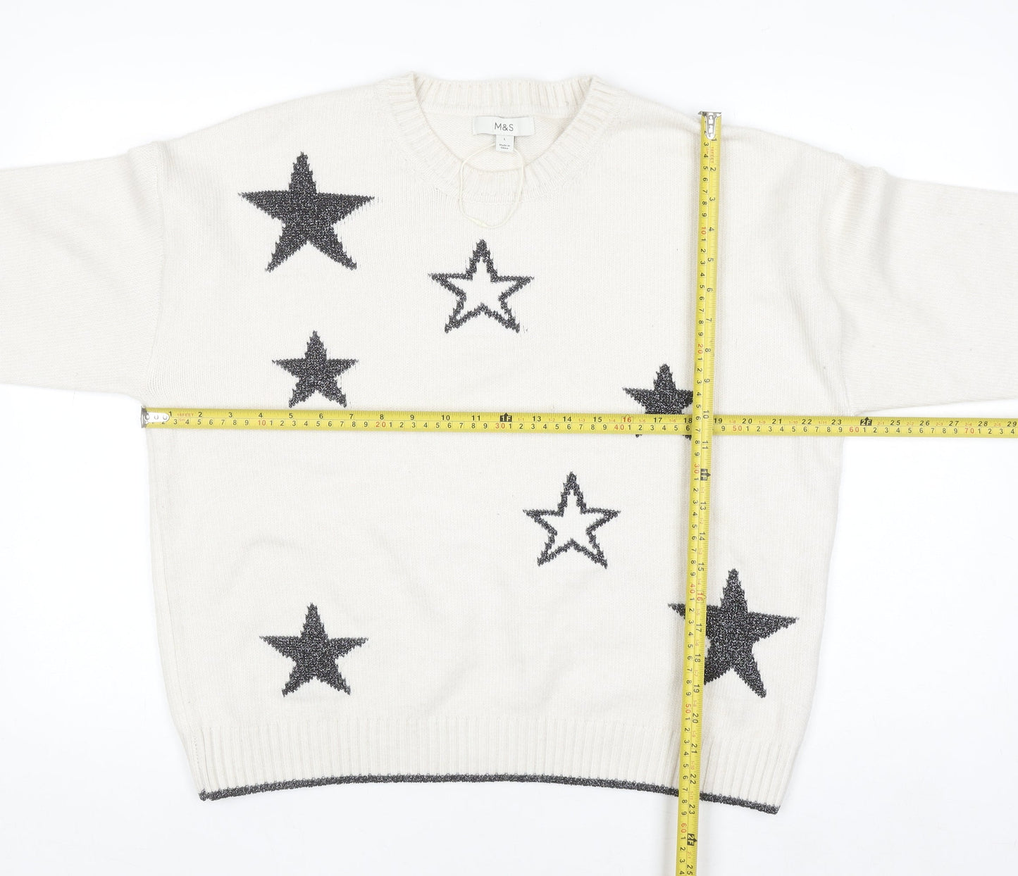 Marks and Spencer Women Ivory Star Knit Jumper Size L Crew Neck