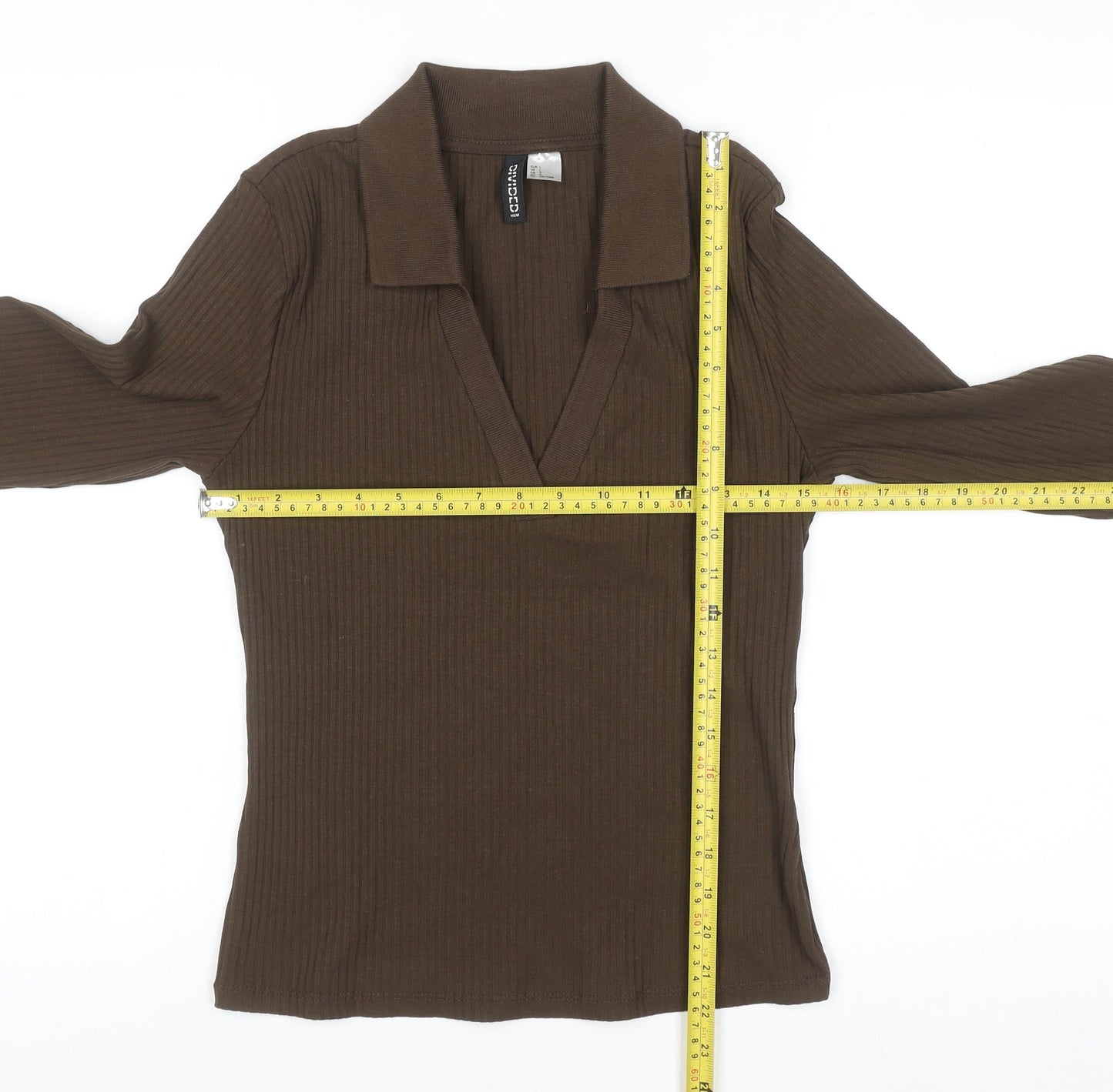 H&M Divided Women’s Brown Ribbed Collared Long Sleeve Top Size L