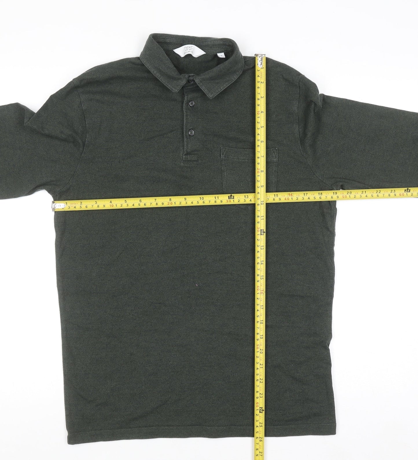 Next Men's Green Regular Fit Long Sleeve Cotton Polo Shirt M