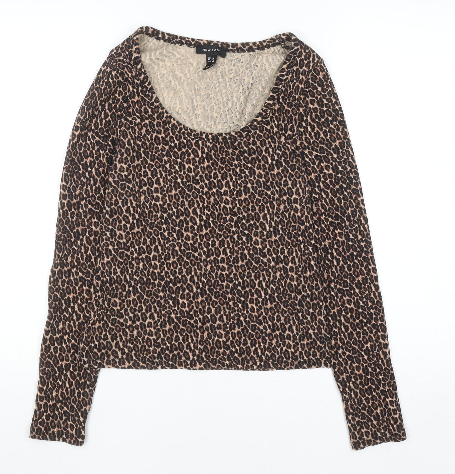 New Look Women Brown Leopard Print Long Sleeve Scoop Neck Top Size 14