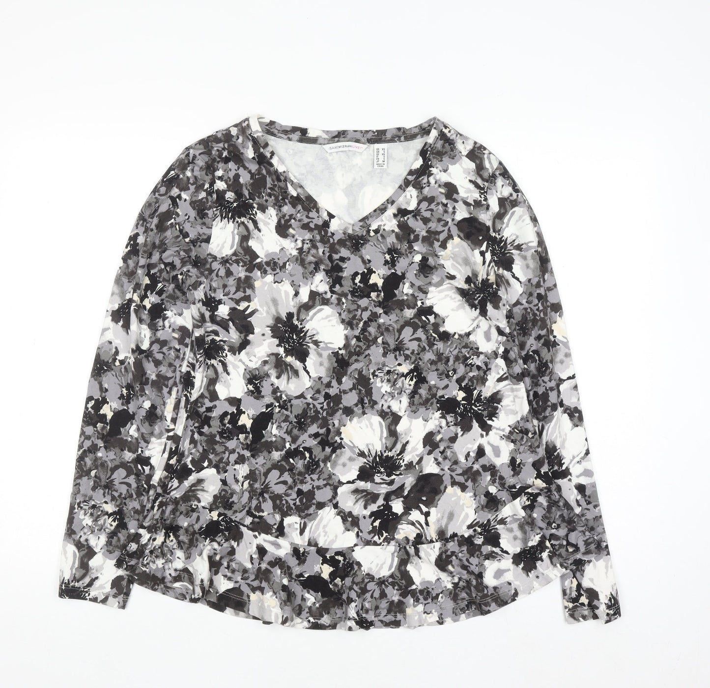 Isaac Mizrahi Live Women’s Grey Floral Long Sleeve V-Neck Top Size S
