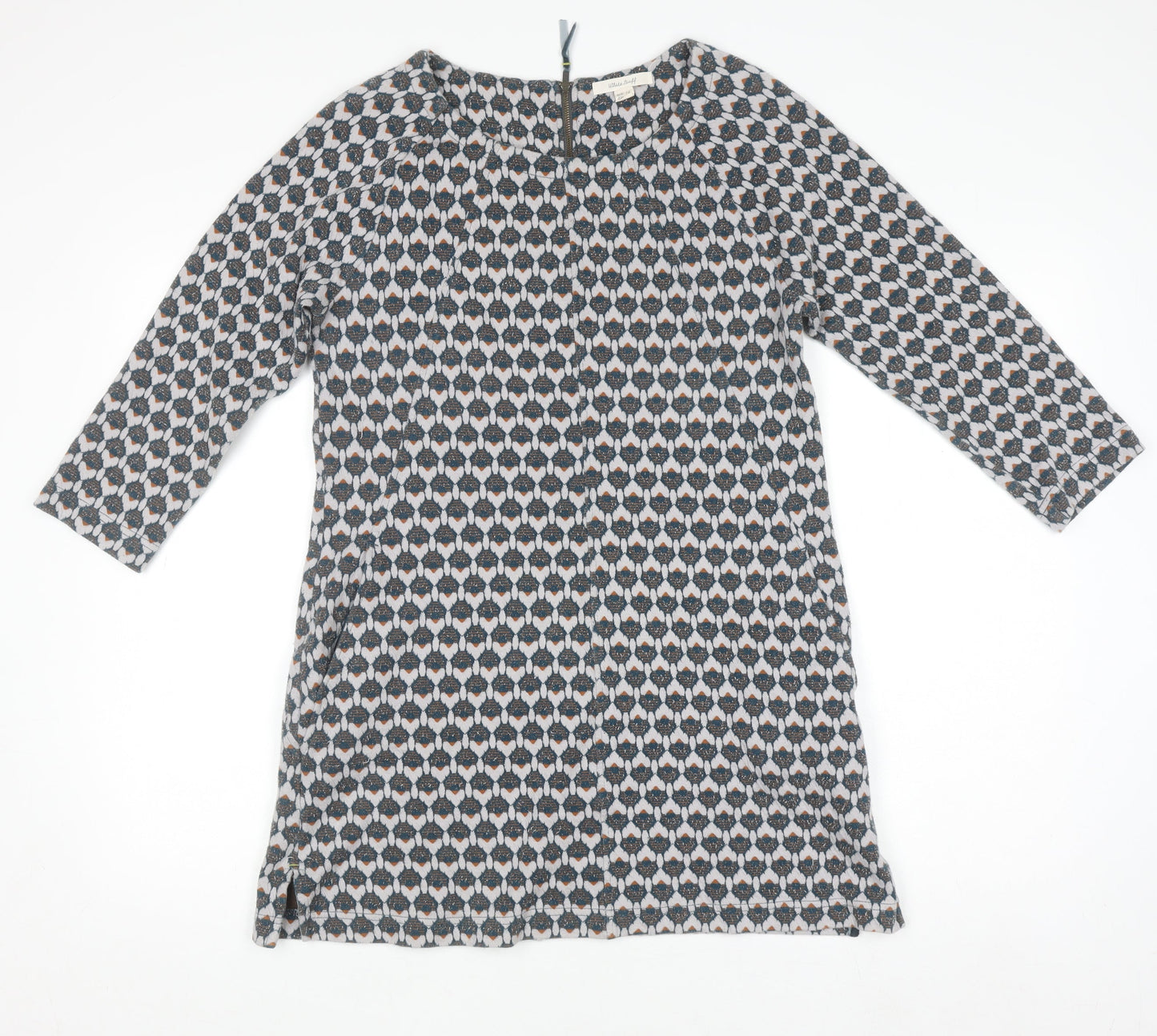 White Stuff Women's Blue Geometric Shift Dress Size 12 3/4 Sleeve