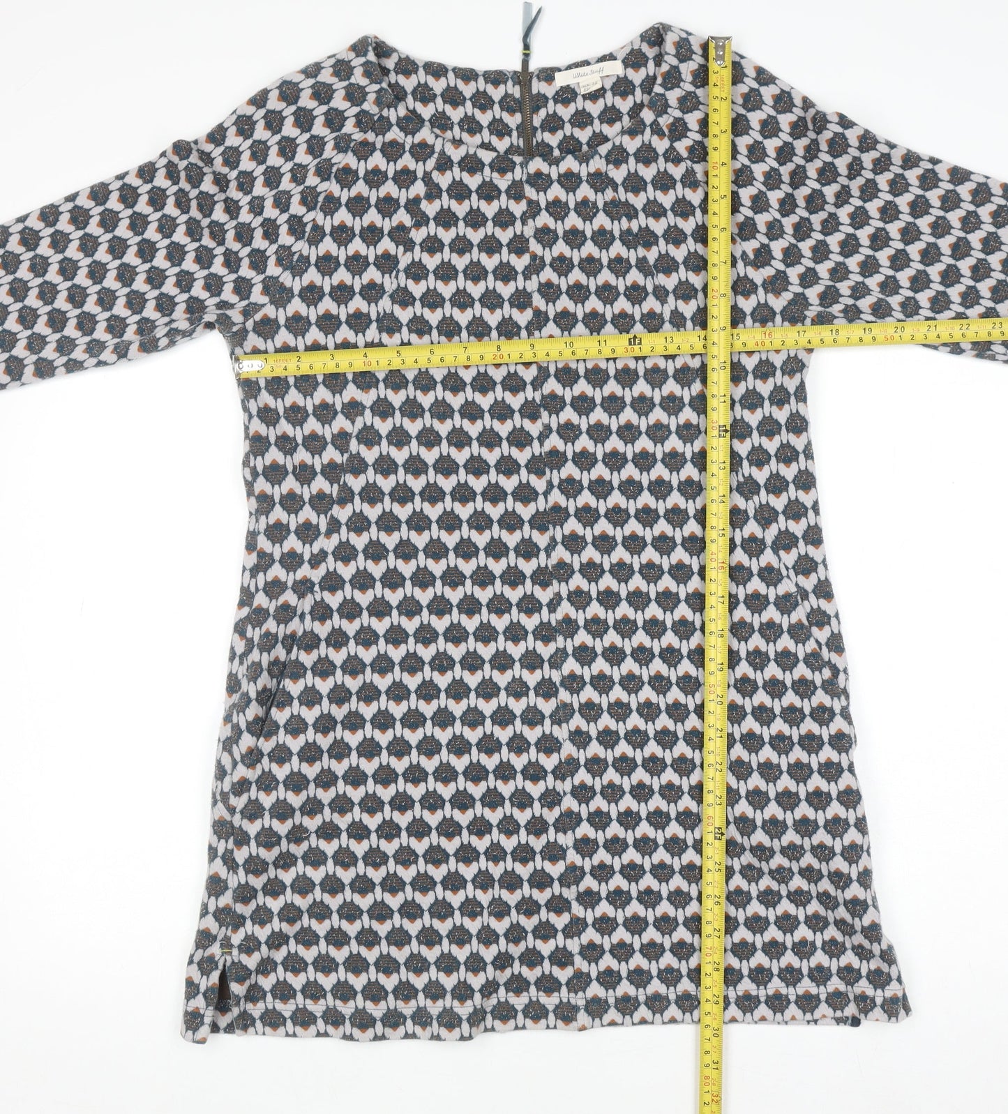 White Stuff Women's Blue Geometric Shift Dress Size 12 3/4 Sleeve