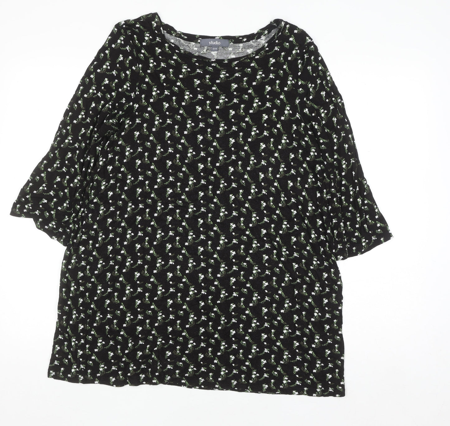 Studio Women’s Black Floral 3/4 Sleeve Tunic Top Size 12/14