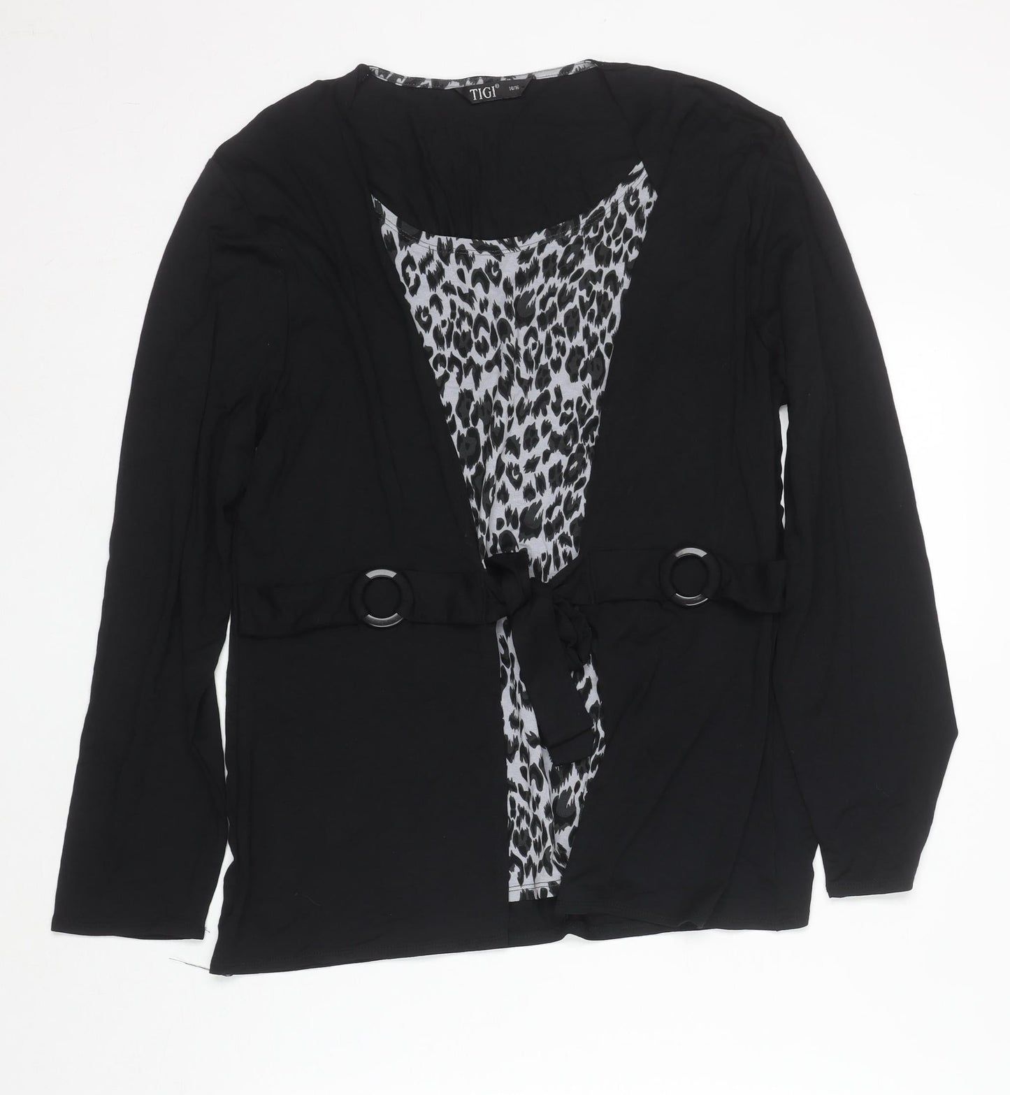 TIGI Womens Black Animal Print Wrap Blouse Size 14/16 Long Sleeve