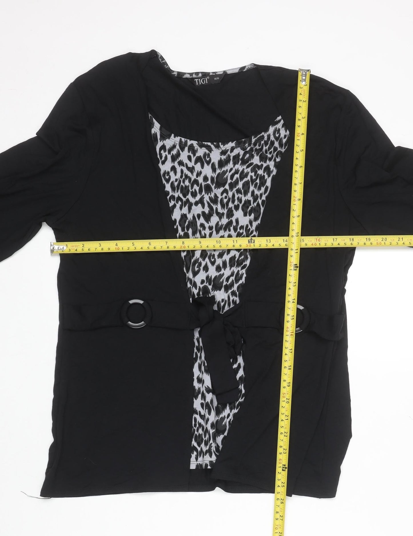 TIGI Womens Black Animal Print Wrap Blouse Size 14/16 Long Sleeve