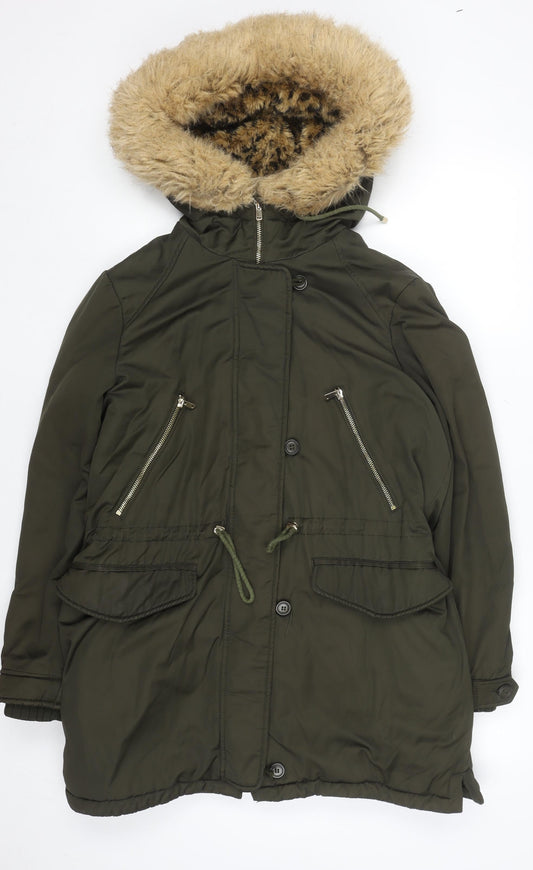 Zara Women Green Fur Hooded Parka Coat Size 14 Winter Lined