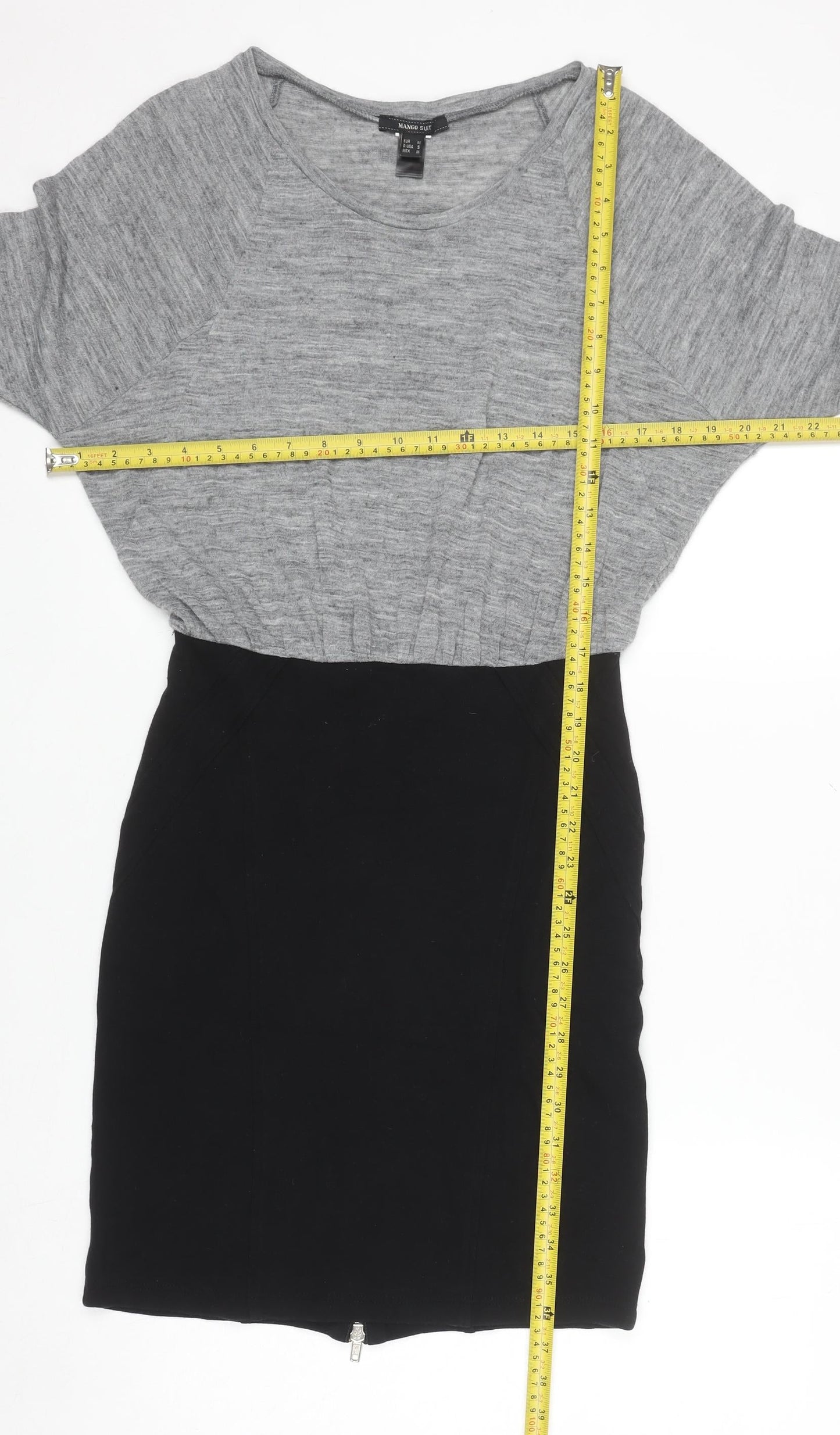 Mango Women Grey Black Sheath Dress Size 12 Knit Colourblock Zip
