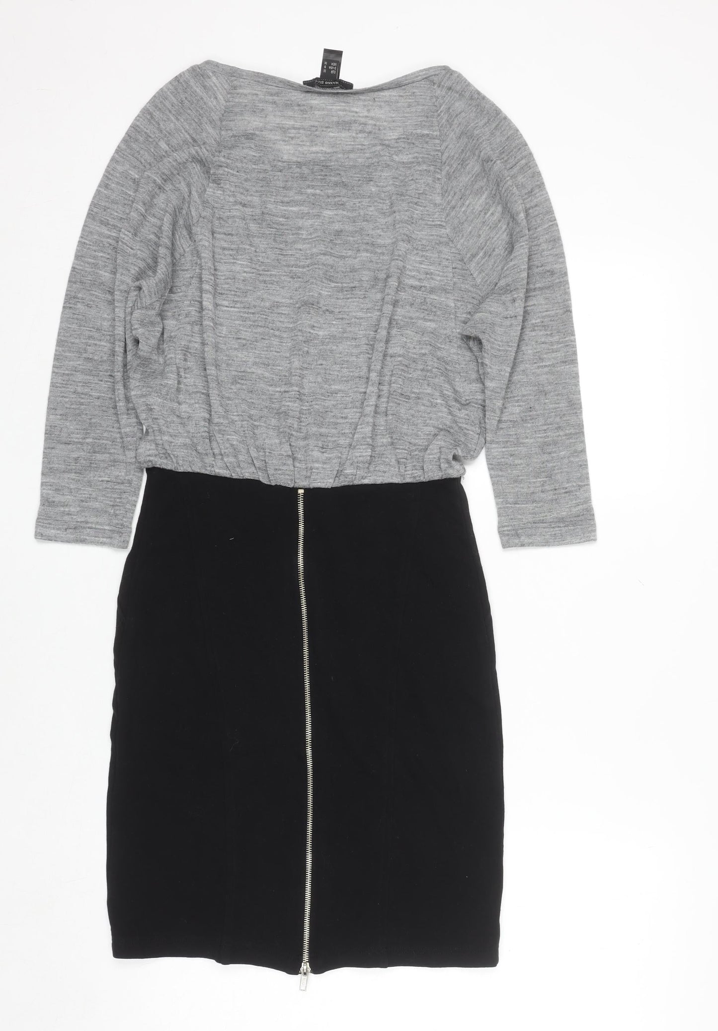 Mango Women Grey Black Sheath Dress Size 12 Knit Colourblock Zip